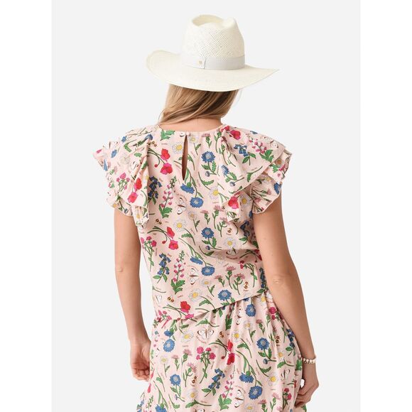 NWT Sur La Vague Women's Ruffle Sleeve Top in Pink Botanical Floral Print OS - Picture 3 of 10